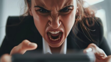 Close-up view of a furious businesswoman yelling into her phone, showing high-stress levels and conflict resolution in professional settings