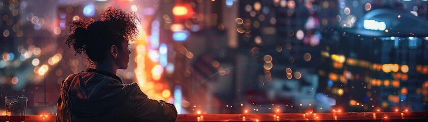 British model, 18, in a fashionable outfit, drinking at a rooftop bar, city lights in the background, high-detail digital art