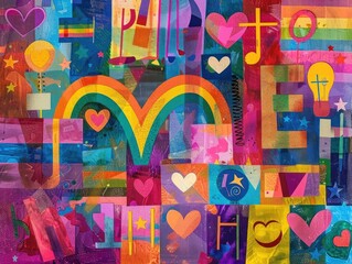 Artistic portrayal of LGBTQ+ symbols, including pride flags and equality signs, set against a vibrant, celebratory background