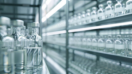 Rows of clear glass vials in a well-lit, modern laboratory setting, reflecting a sense of precision and scientific focus.