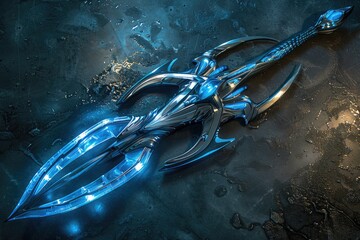 Futuristic trident, sleek metallic design, glowing blue edges, dark background, high contrast, sci-fi aesthetic