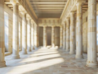 Blurred ancient Greek temple interior with no people, classical interior, light colors, background, wallpaper