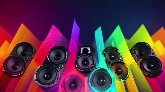 Sound speakers between rainbow light neon walls. Musical rhythm waves and audio visualization.