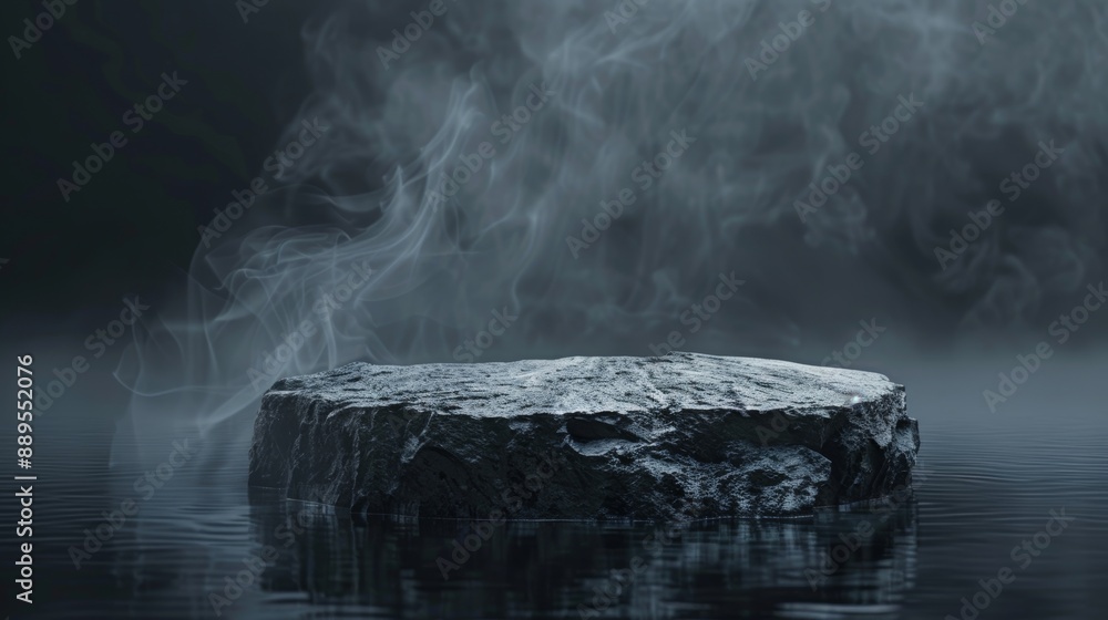 Poster Dark background with natural granite stones podium on water and smoke surrounds. Mock up template for product presentation. 3D rendering. Copy text space. Abstract minimal concept.