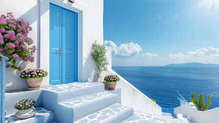 A serene coastal view featuring a bright blue door, white steps, and blossoming flowers under a clear sky.