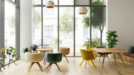 Stylish office environment with colorful chairs, expansive windows, and lush greenery, fostering a vibrant and inspiring workspace.