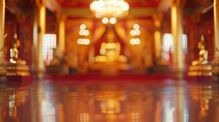 Blurred Buddhist temple interior with no people, classical interior, light colors, background, wallpaper 