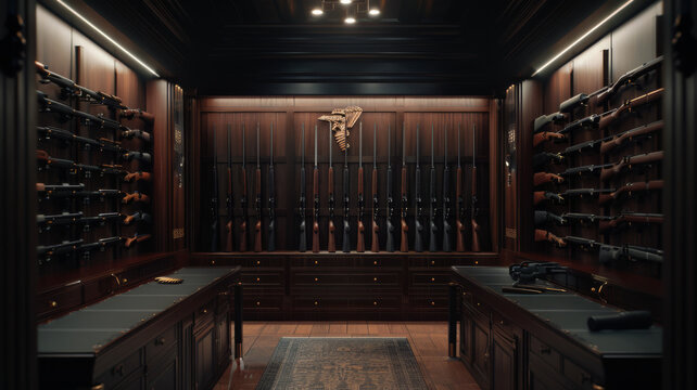 A luxurious gun room with sleek, dark wood paneling and an impressive collection of firearms neatly organized on the walls.