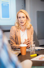 Portrait of a business woman in the office holding a meeting with a colleague.