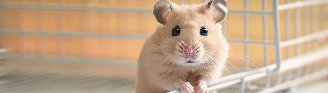 Adorable close-up of a brown hamster in a cage, showcasing its cute face and whiskers. Perfect for pet and animal-themed content.