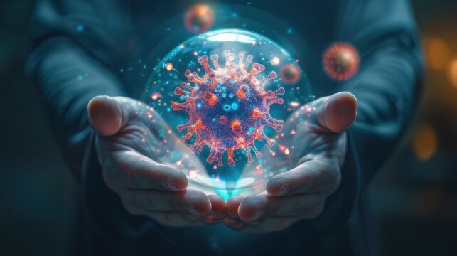 Digital composite of hands holding a holographic globe with virus particles, emphasizing worldwide inter connectivity during a pandemic.