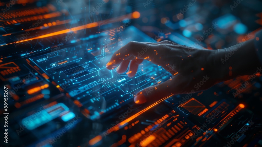 Poster using big data technology and stock, robot hands press a virtual digital screen
