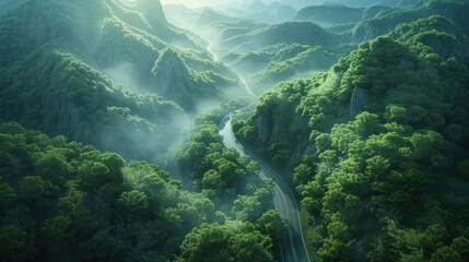 Clouds drifting over mountains with a time lapse effect, capturing the natural landscape with fog, trees, and a hint of sunset