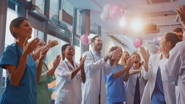 Medical professionals joyfully clap in a bright room decorated with balloons, celebrating a heartwarming accomplishment as the golden light filters through the windows.