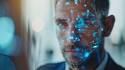 Close-up of a businessman using facial recognition technology to unlock a smartphone, with digital security interface visible