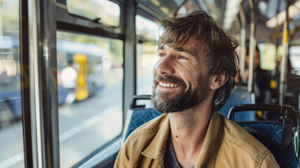 Obraz premium A man sits on a bus, gazing out the window with a content smile, capturing a moment of peaceful contemplation during his commute.