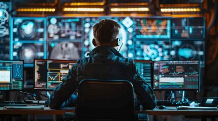 Close-up of a cybersecurity expert analyzing network security breaches on multiple computer screens