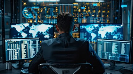 Close-up of a cybersecurity expert analyzing network security breaches on multiple computer screens