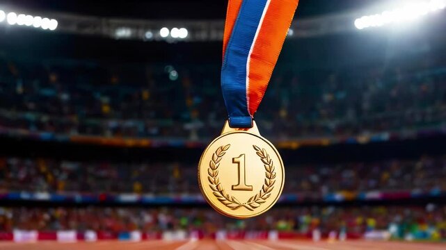 Gold medal with number 1 against background of blurred large stadium. Winner award at international sports competitions in arena.