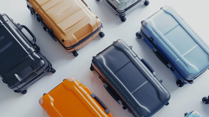A high-angle view of various colored suitcases arranged neatly, ready for travel, symbolizing adventure and exploration.