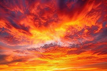 Fototapeta premium Vivid photograph of a fiery sunset sky with bold, dramatic cloud formations, isolated on white background