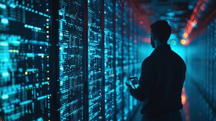 A cybersecurity analyst investigating a security breach on a network server, with digital code and warning alerts on screens