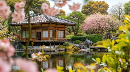 Naklejka premium Traditional wooden building by a pond in a serene garden filled with cherry blossoms.
