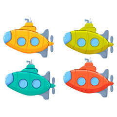Cartoon submarines.Yellow submarine.Vector flat illustration.Isolated on white background.Toy boat.Bathyscaphe explore underwater world.Underwater boat ship. Cartoon underwater submarine periscope