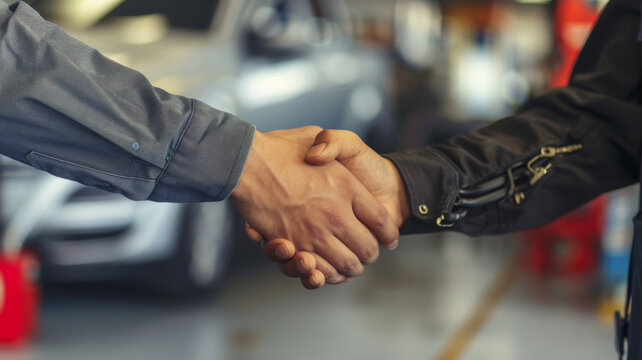 Close-up of two hands shaking firmly, with a car workshop in the blurred background, indicating a business or professional agreement.