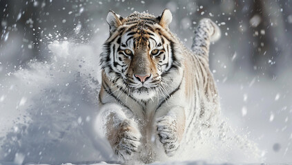 Fototapeta premium Majestic tiger charging through snowy landscape
