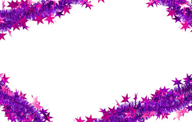 Abstract festive frame. Purple tinsel with pink stars on a white background. Flat lay, top view,...