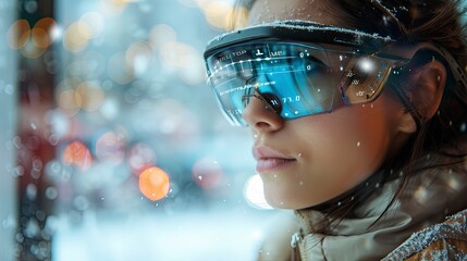 Close-up of a woman using a futuristic wearable device with augmented reality overlays for navigation and information