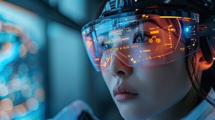 Close-up of a woman using a futuristic wearable device with augmented reality overlays for navigation and information
