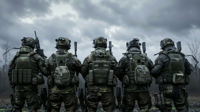 A group of five soldiers in full camouflage gear, seen from behind, standing resiliently under a dramatic, cloudy sky.