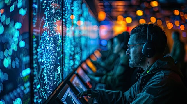 A cybersecurity team conducting a simulated cyber attack response drill in a secure command center