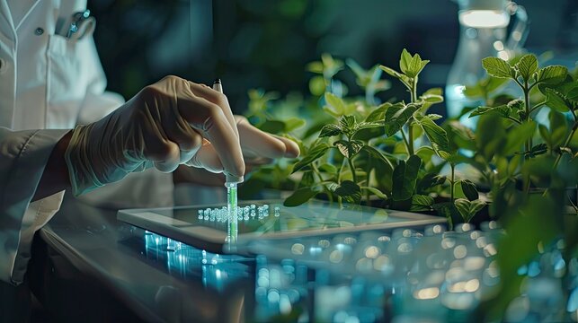 Close-up of a scientist analyzing plant DNA sequences on a digital tablet in a modern agricultural biotechnology lab