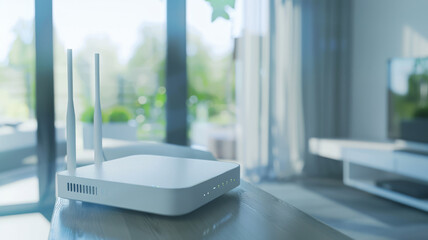 A sleek wireless router sits gracefully on a bright table in a modern, digitally connected living room flooded with natural light.