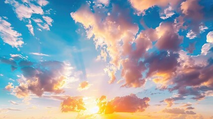 Naklejka premium Intricate photograph of a vibrant sunset sky with scattered cumulus clouds, isolated on white background