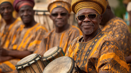 Obraz premium Group of African drummers in traditional attire, joyfully playing drums together, reflecting cultural heritage and celebration in a vibrant setting.