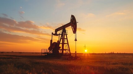 Fototapeta premium Sunset Symphony: Oil Derrick Pumping at Dusk in an Open Field with Abundant Copy Space