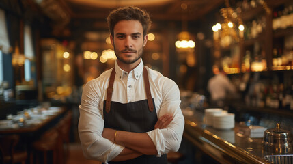 Fototapeta premium Young male barista with a confident stance, wearing an apron, standing in a warmly lit, elegant cafe with a classic interior.