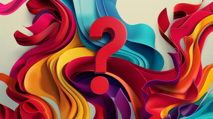 A dynamic question mark surrounded by vibrant, flowing abstract shapes in various bold colors, creating an energetic visual puzzle.
