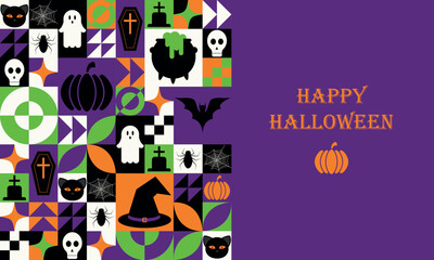 Halloween geometric pattern of abstract modern shapes with horror holiday elements. Geometric art with spooky icons. Poster for Halloween party. Vector illustration