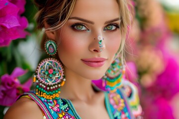 Fototapeta premium Beautiful Woman in Colorful Dress with Intricate Earrings and Floral Background