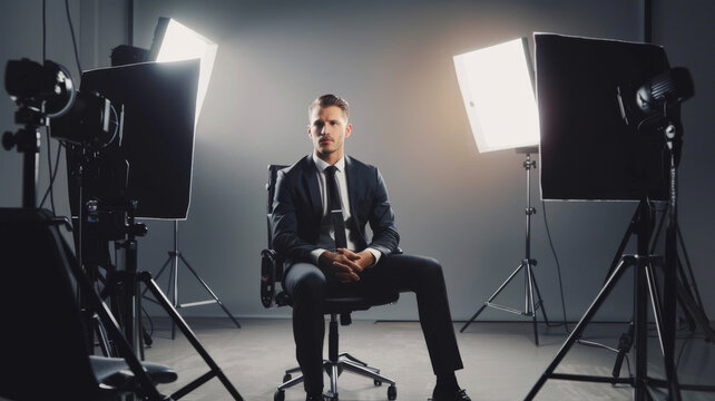 A sharply dressed man sits confidently under studio lighting, suggesting an interview or professional photo session.