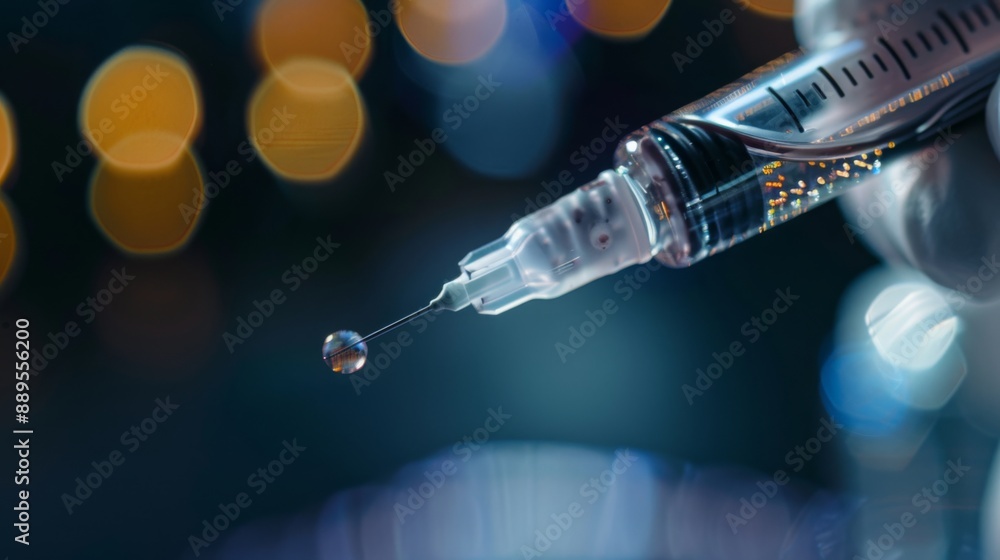 Poster A close-up shot of a syringe with a droplet hanging from the needle. The syringe is filled with a clear liquid, and the background is blurred with out-of-focus lights.