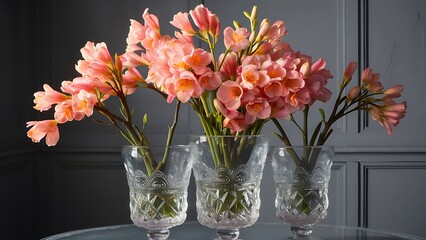 Beautiful blooming freesias in glass vases on table against grey background