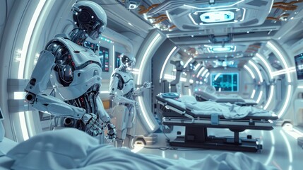 Fototapeta premium A futuristic healthcare facility with robotic nurses and AI-assisted diagnosis tools providing patient care