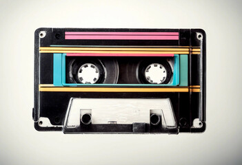 Naklejka premium white background olated vintage cassette colorful tape 1980s recorder player retro audio old closeup pop nostalgic record banner side used datum play