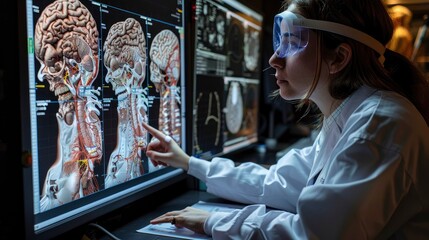 Fototapeta premium Close-up of a researcher using a virtual dissection table to explore detailed anatomical structures in medical education